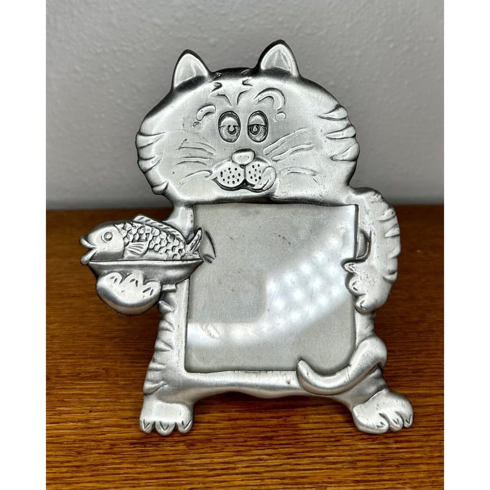 Cat Serving Fish Metal Picture Frame holds 3" x 3" Photo